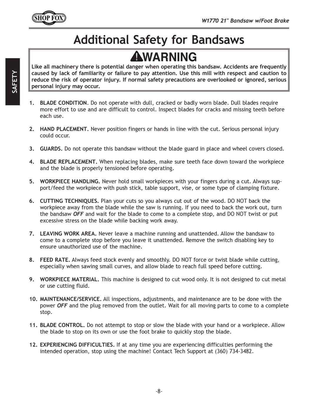 Woodstock W1770 manual Additional Safety for Bandsaws 