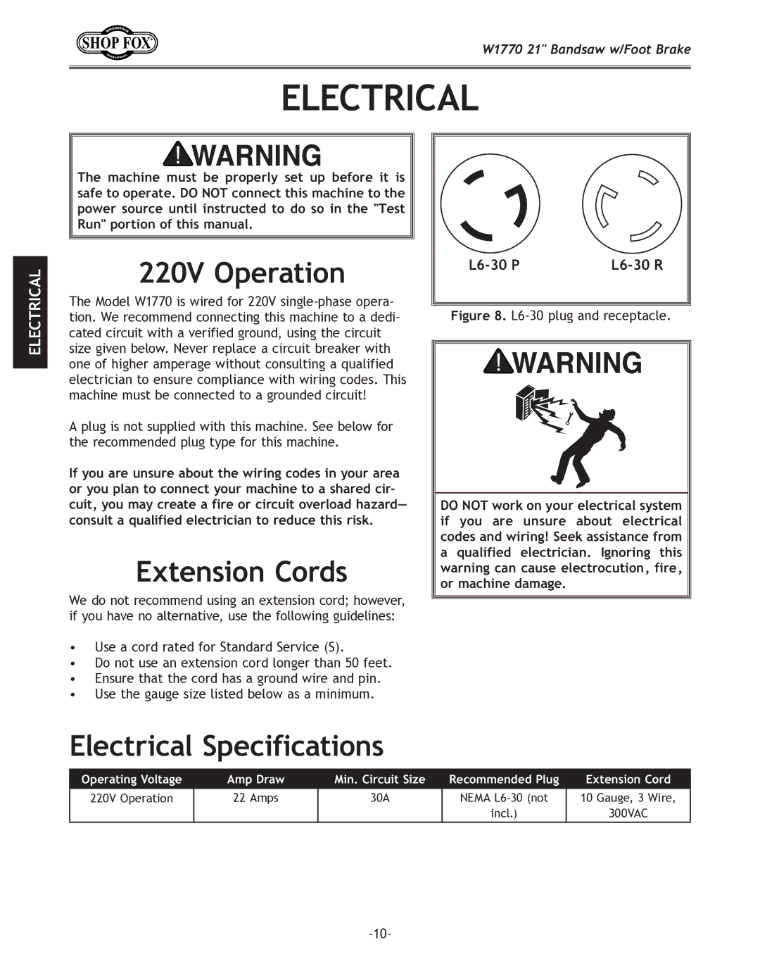 Woodstock W1770 manual 220V Operation, Extension Cords, Electrical Specifications 