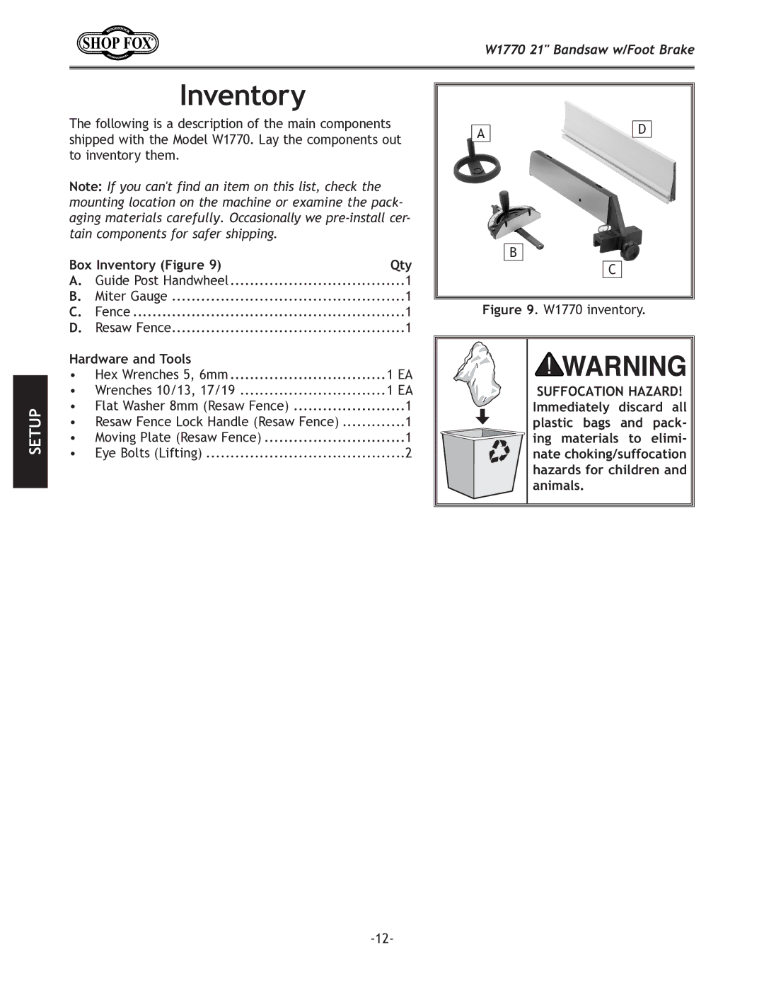 Woodstock W1770 manual Box Inventory Figure Qty, Hardware and Tools 