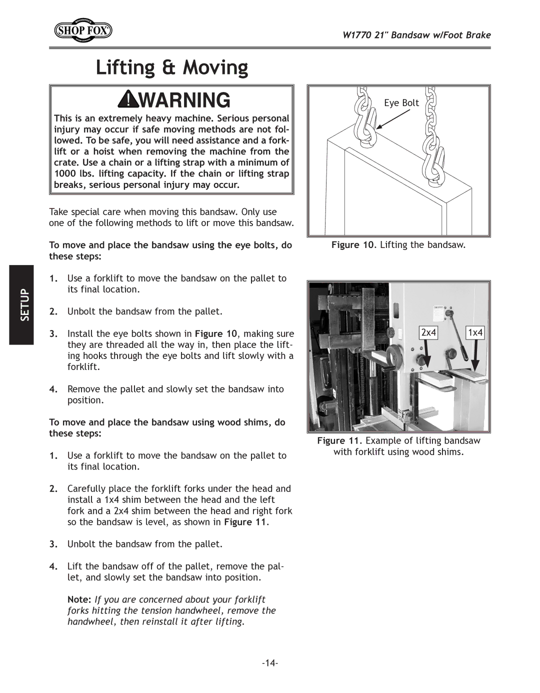 Woodstock W1770 manual Lifting & Moving, Lifting the bandsaw 2x4 