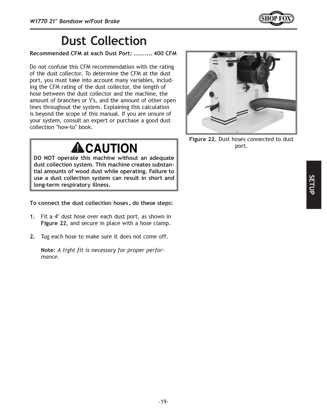 Woodstock W1770 manual Dust Collection, To connect the dust collection hoses, do these steps 