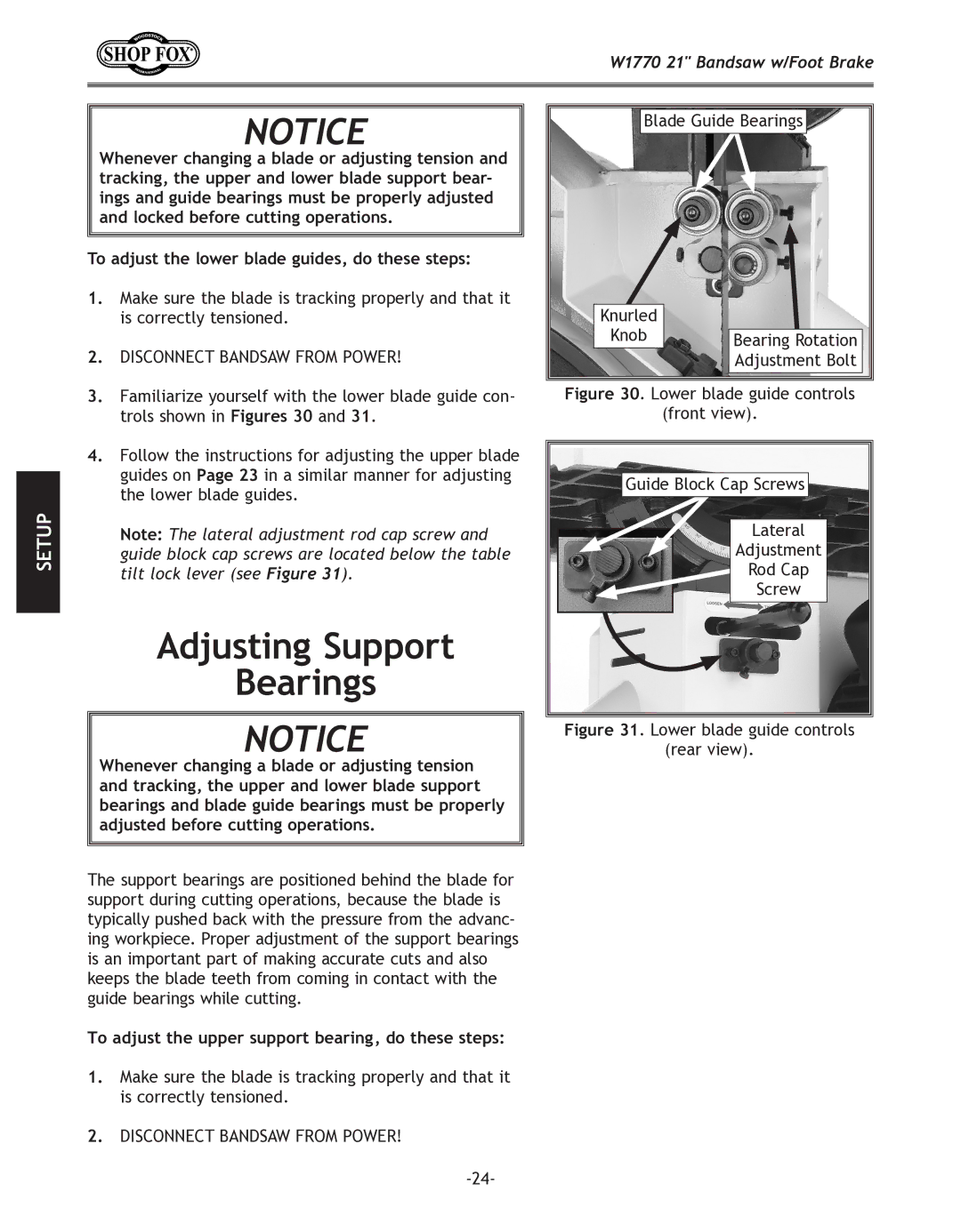 Woodstock W1770 manual Adjusting Support Bearings, To adjust the upper support bearing, do these steps 