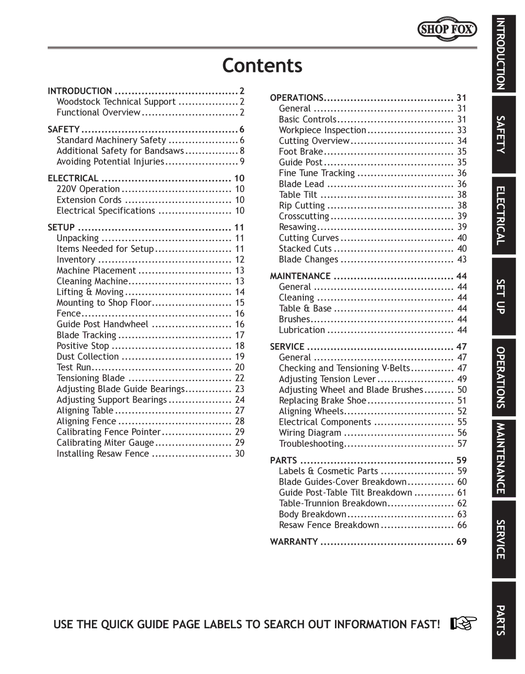 Woodstock W1770 manual Contents 