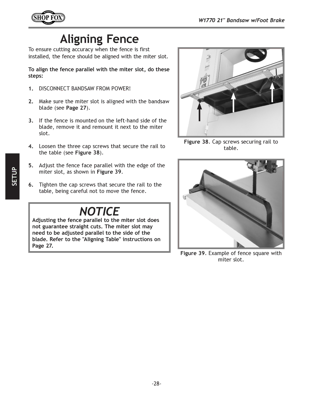 Woodstock W1770 manual Aligning Fence, Cap screws securing rail to 