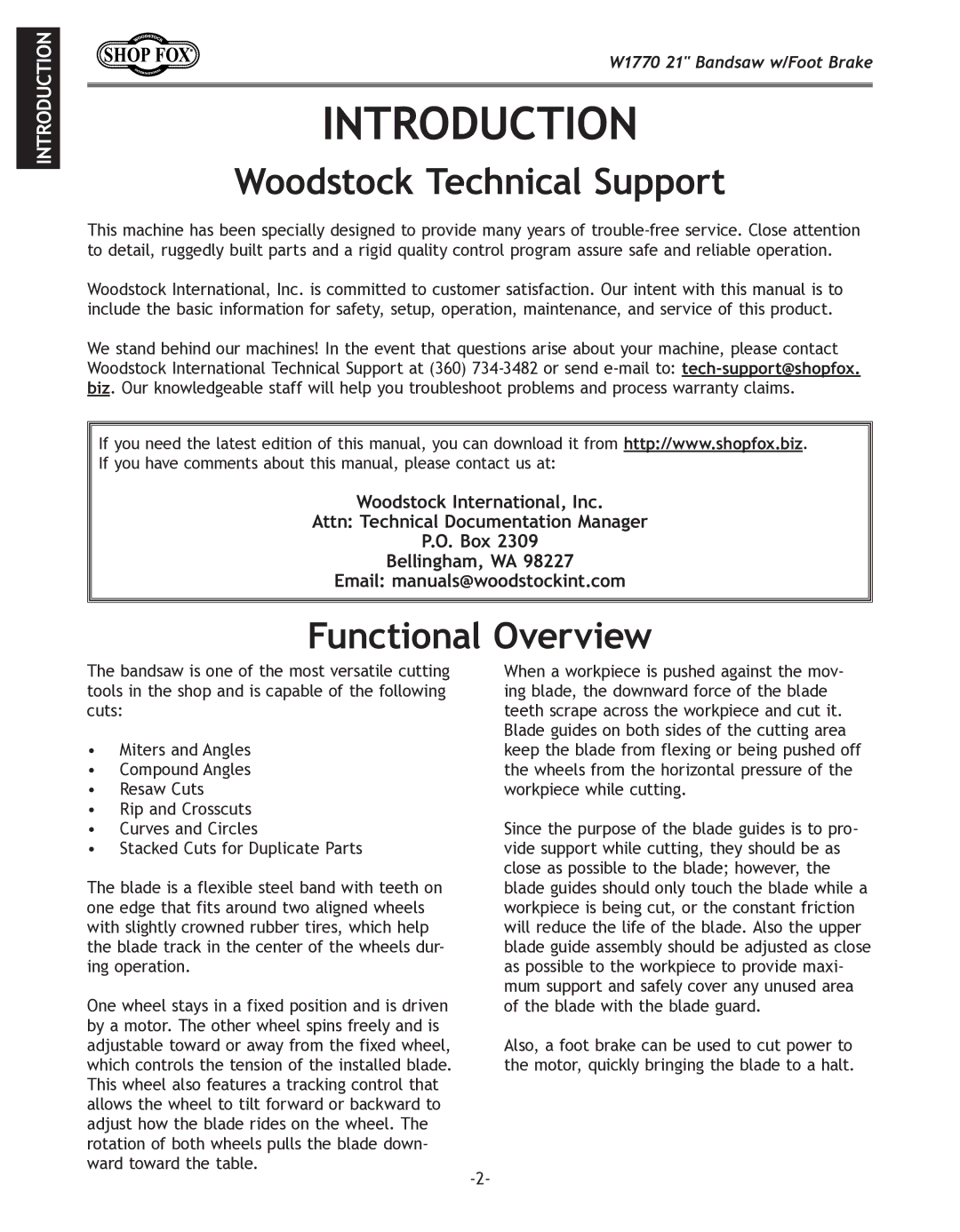 Woodstock W1770 manual Woodstock Technical Support, Functional Overview 