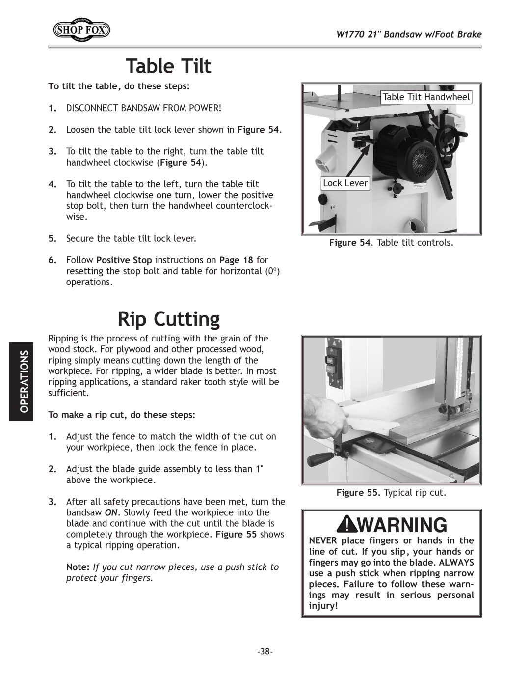 Woodstock W1770 manual Table Tilt, Rip Cutting, To tilt the table, do these steps, To make a rip cut, do these steps 