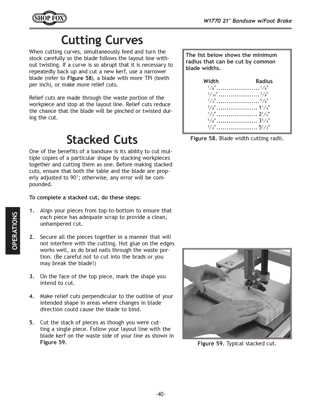 Woodstock W1770 manual Cutting Curves, Stacked Cuts, To complete a stacked cut, do these steps 