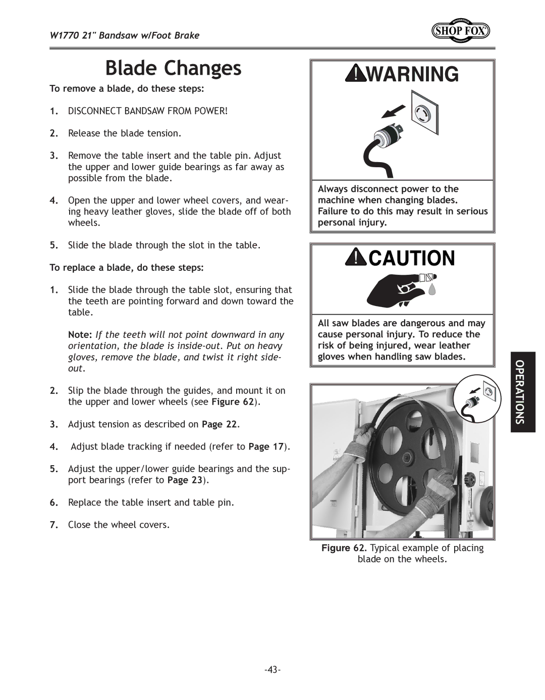 Woodstock W1770 manual Blade Changes, To remove a blade, do these steps, To replace a blade, do these steps 