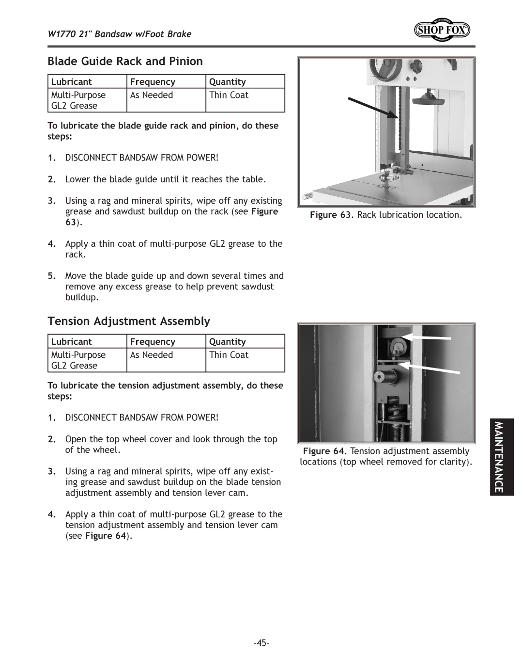 Woodstock W1770 manual Blade Guide Rack and Pinion, Tension Adjustment Assembly, Lubricant Frequency Quantity 