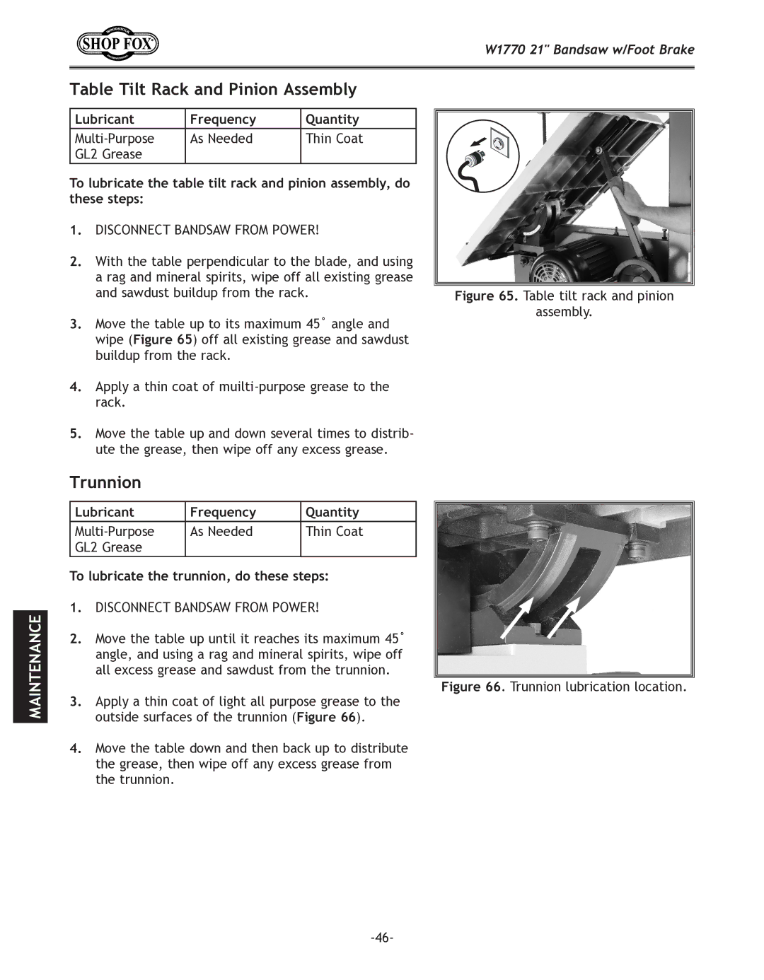 Woodstock W1770 manual Table Tilt Rack and Pinion Assembly, Trunnion, To lubricate the trunnion, do these steps 