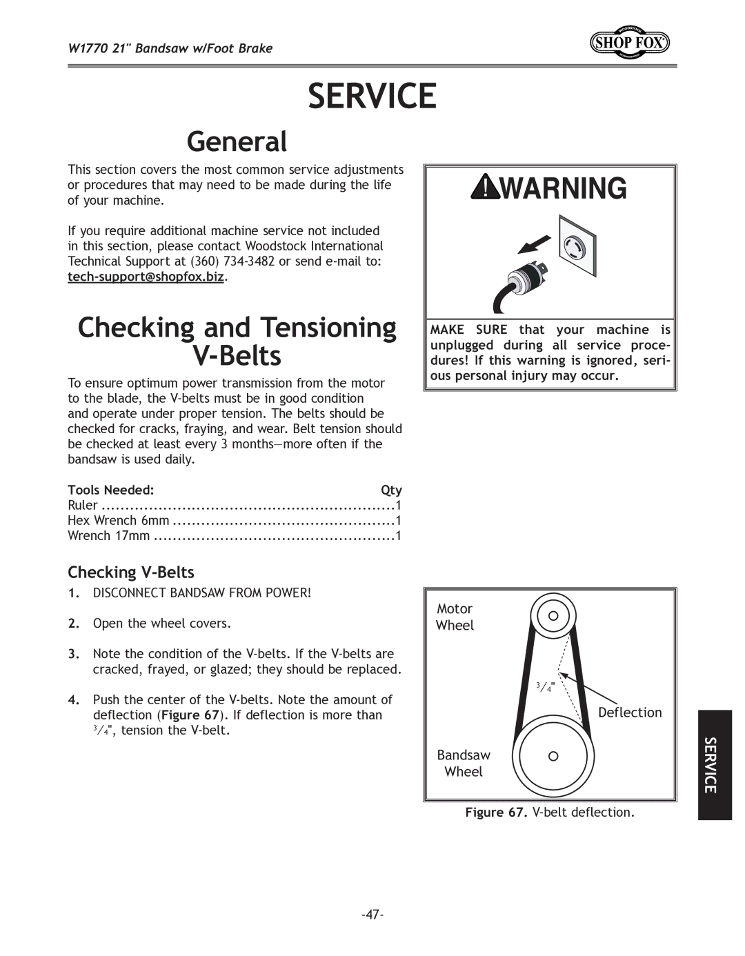 Woodstock W1770 manual Checking and Tensioning Belts, Checking V-Belts, Tools Needed 