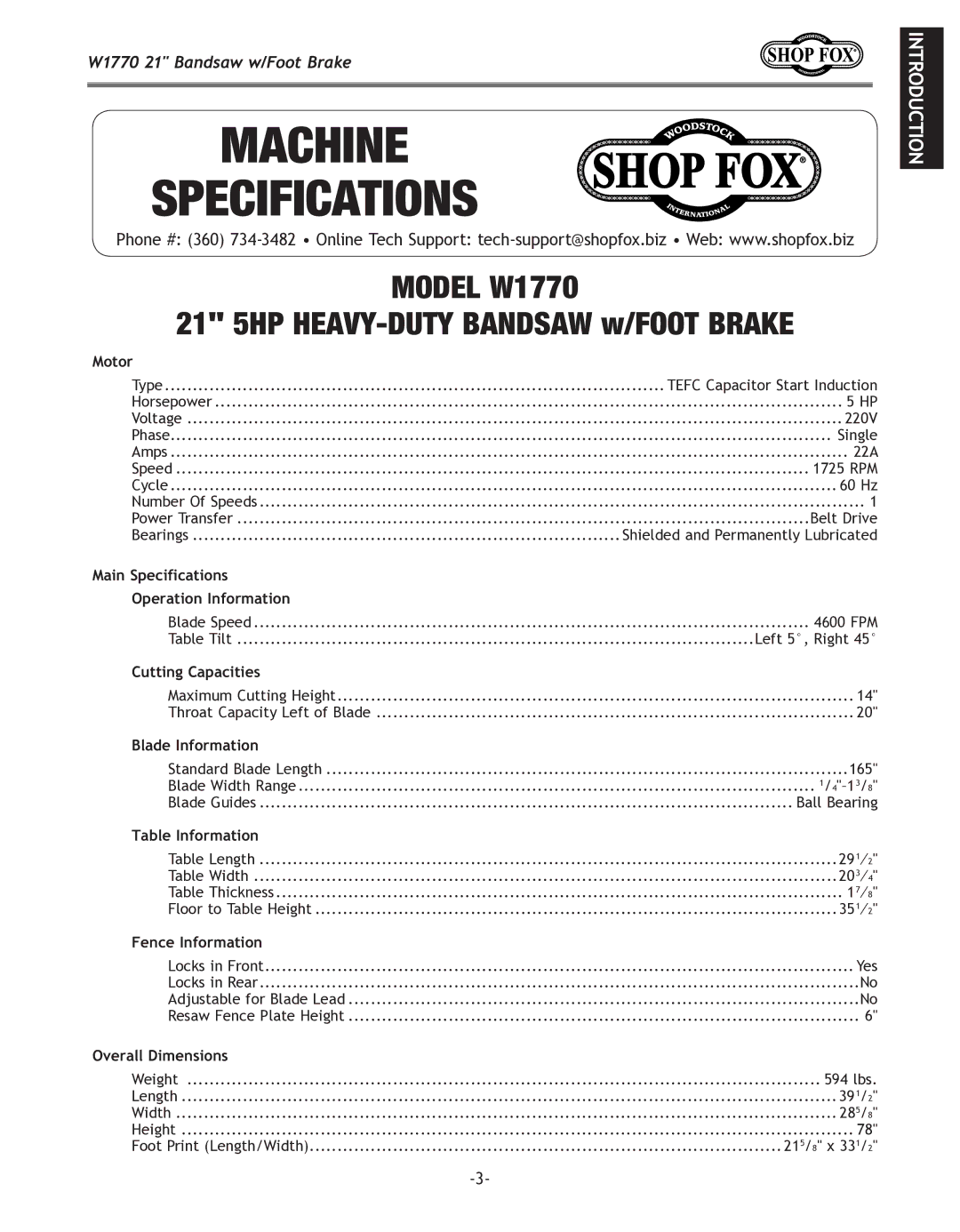 Woodstock W1770 manual Machine Specifications 