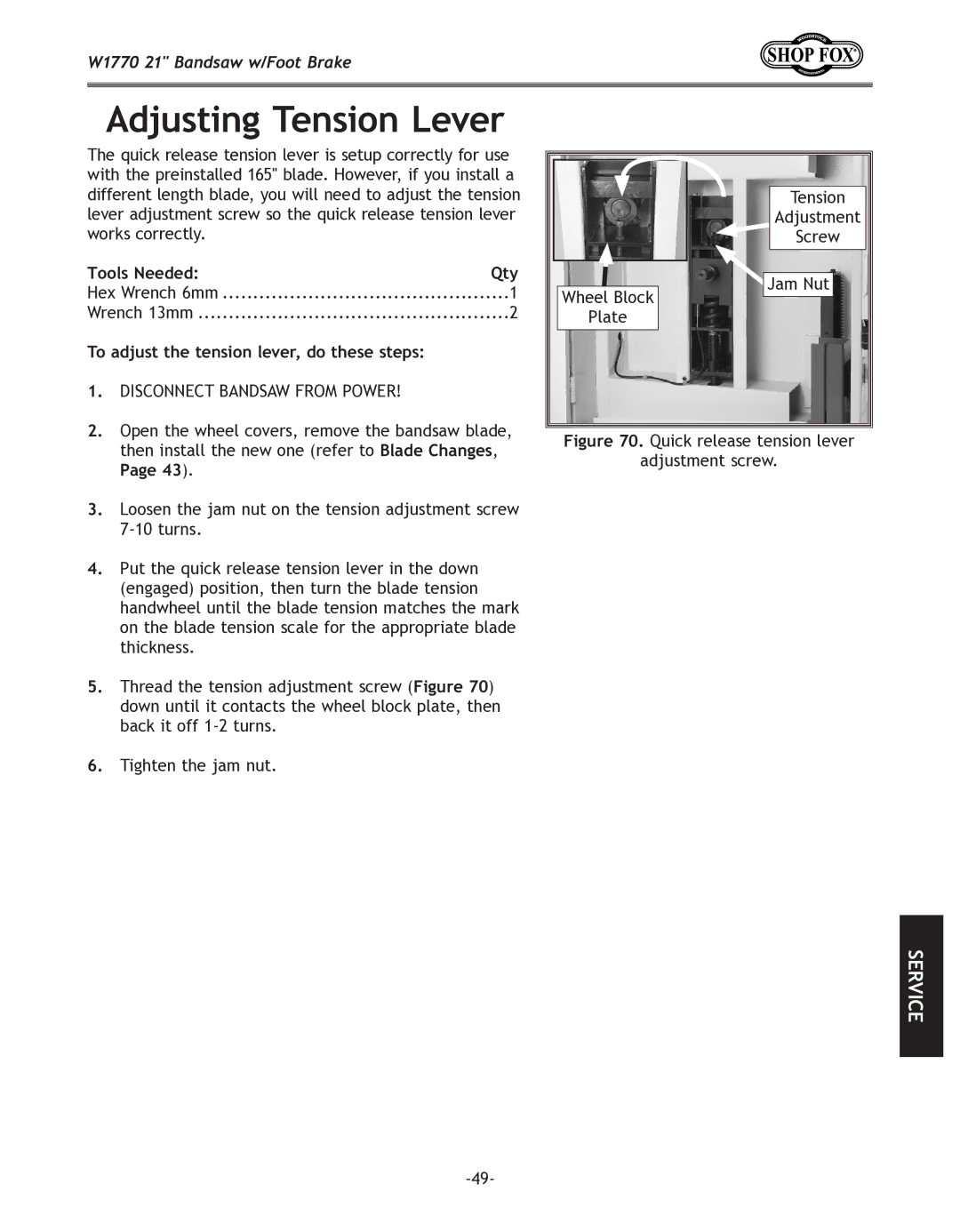 Woodstock W1770 manual Adjusting Tension Lever, To adjust the tension lever, do these steps 