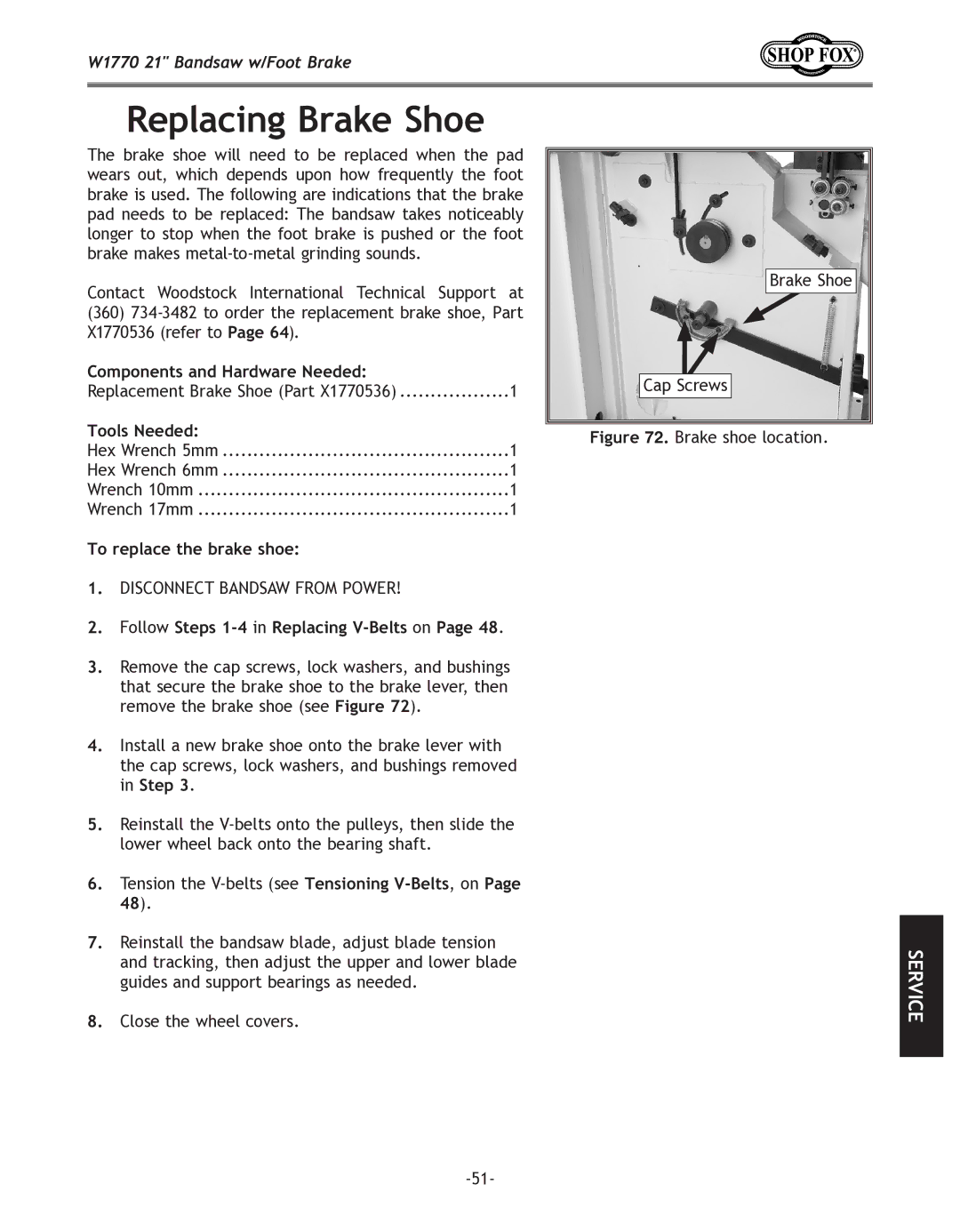 Woodstock W1770 manual Replacing Brake Shoe, Components and Hardware Needed, To replace the brake shoe 