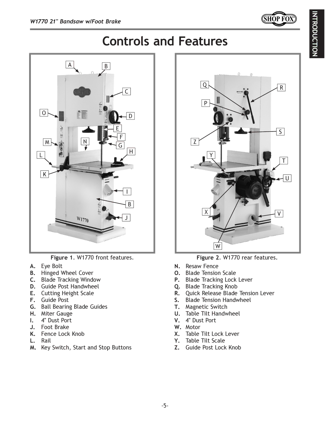 Woodstock W1770 manual Controls and Features 