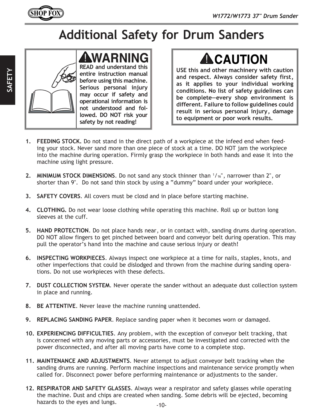 Woodstock W1772, W1773 owner manual Additional Safety for Drum Sanders 