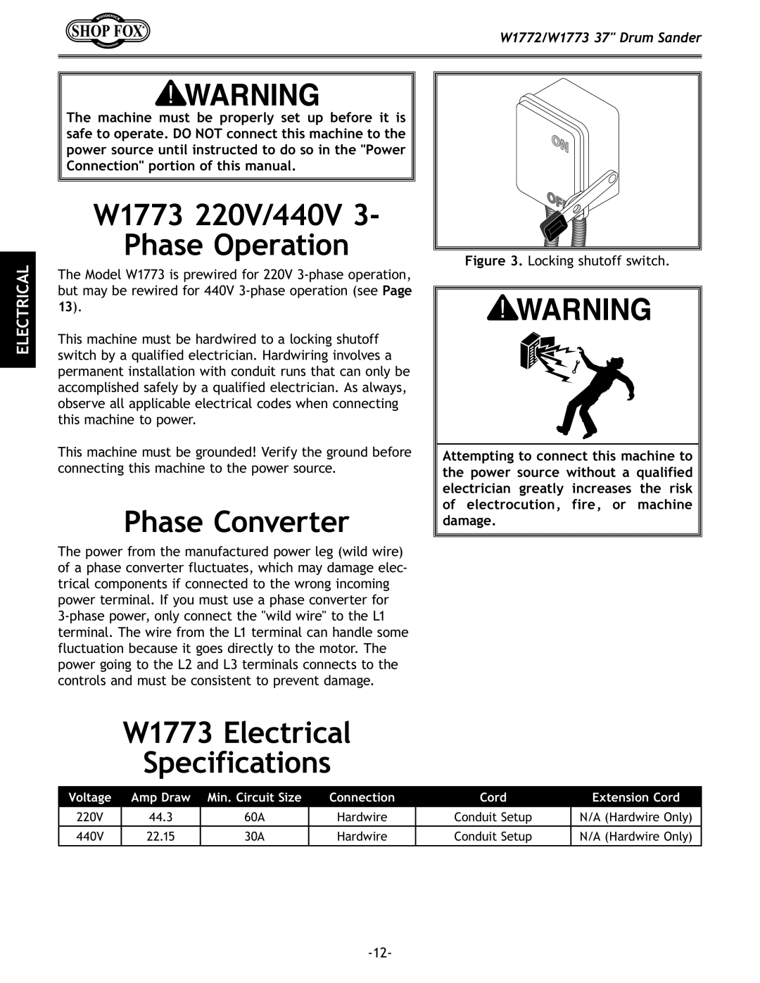 Woodstock W1772 owner manual W1773 220V/440V Phase Operation, Phase Converter, W1773 Electrical Specifications 