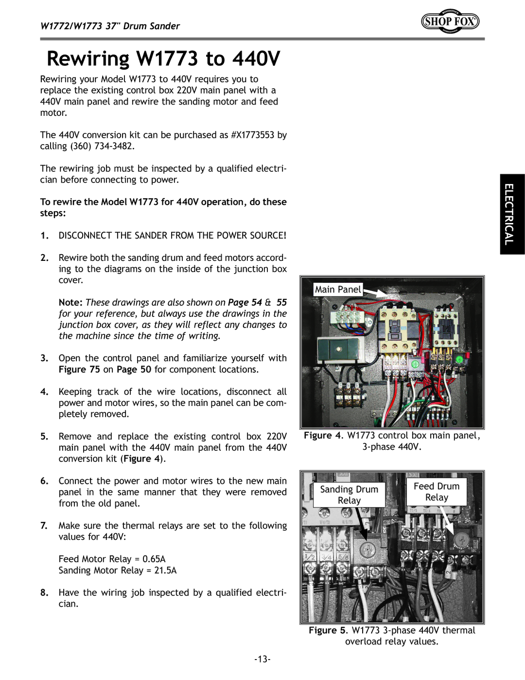 Woodstock W1772 owner manual Rewiring W1773 to, To rewire the Model W1773 for 440V operation, do these steps 