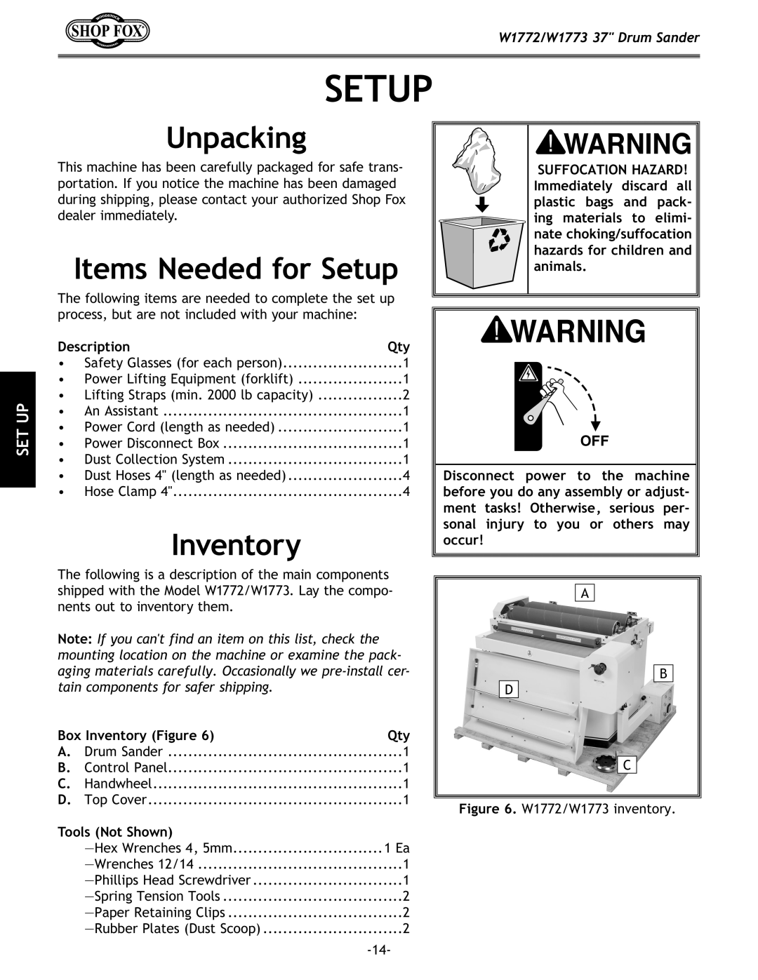 Woodstock W1772, W1773 owner manual Unpacking, Items Needed for Setup, Inventory 