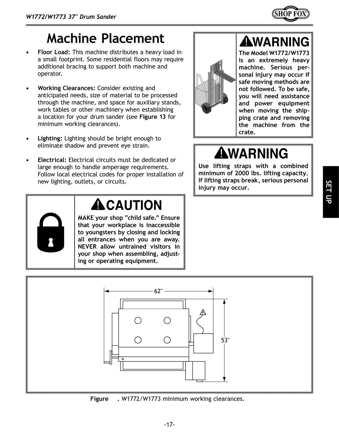 Woodstock owner manual Machine Placement, W1772/W1773 minimum working clearances 