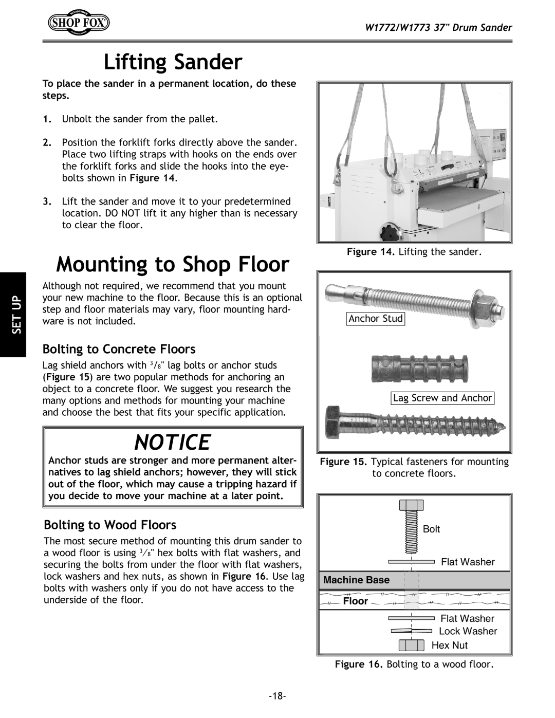 Woodstock W1772, W1773 Lifting Sander, Mounting to Shop Floor, To place the sander in a permanent location, do these steps 