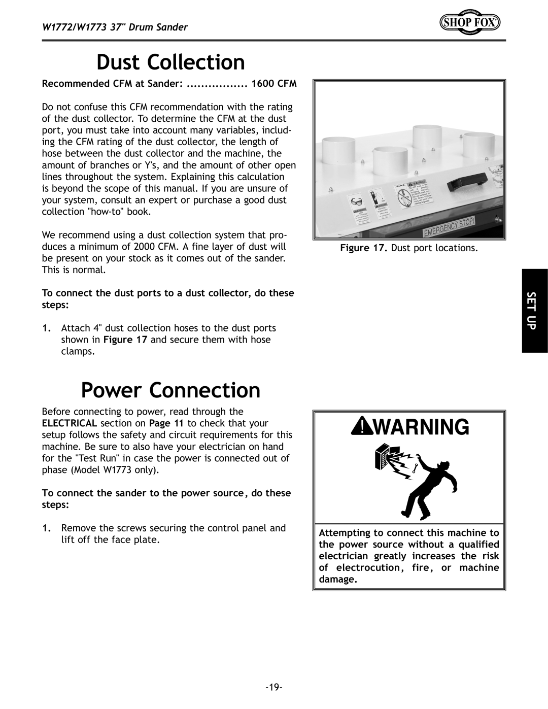 Woodstock W1773, W1772 owner manual Dust Collection, Power Connection, Recommended CFM at Sander 