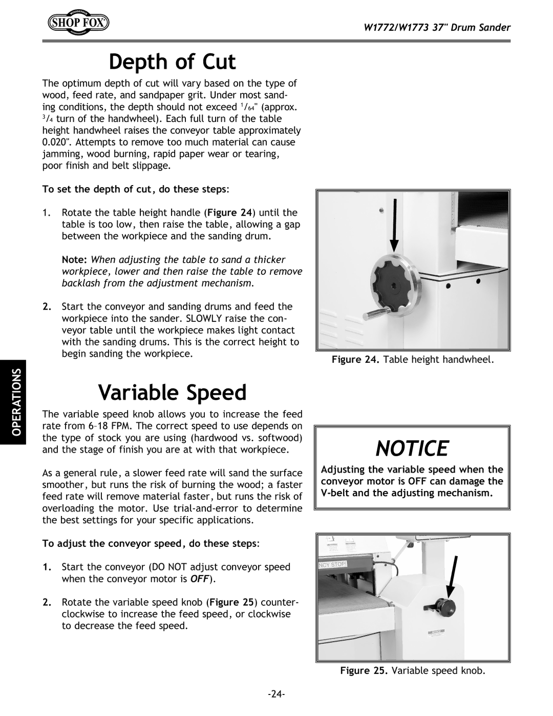 Woodstock W1772, W1773 owner manual Depth of Cut, Variable Speed, To set the depth of cut, do these steps 