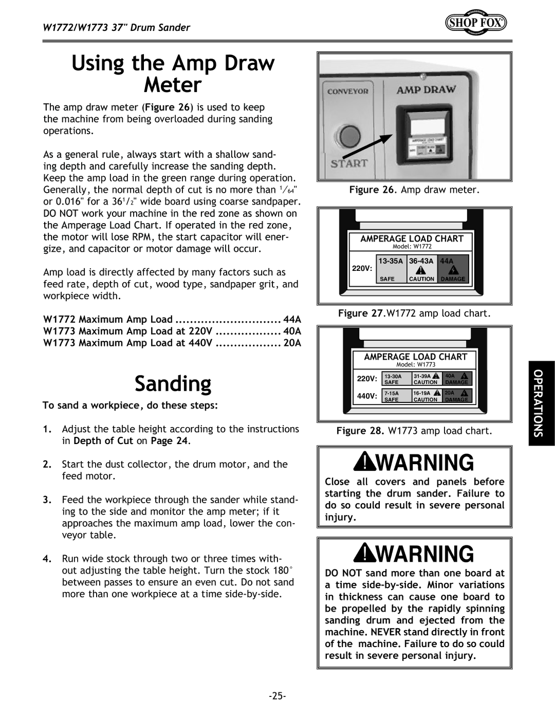 Woodstock W1773, W1772 owner manual Using the Amp Draw Meter, Sanding, To sand a workpiece, do these steps 