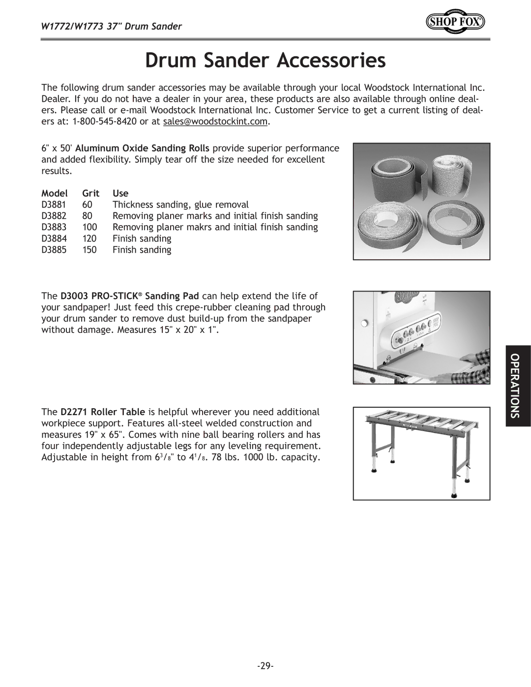 Woodstock W1773, W1772 owner manual Drum Sander Accessories 