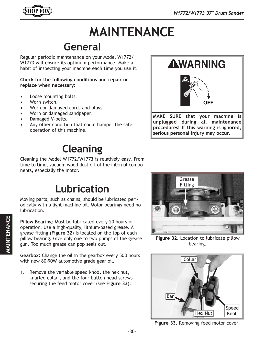 Woodstock W1772, W1773 owner manual Maintenance, Cleaning, Lubrication 