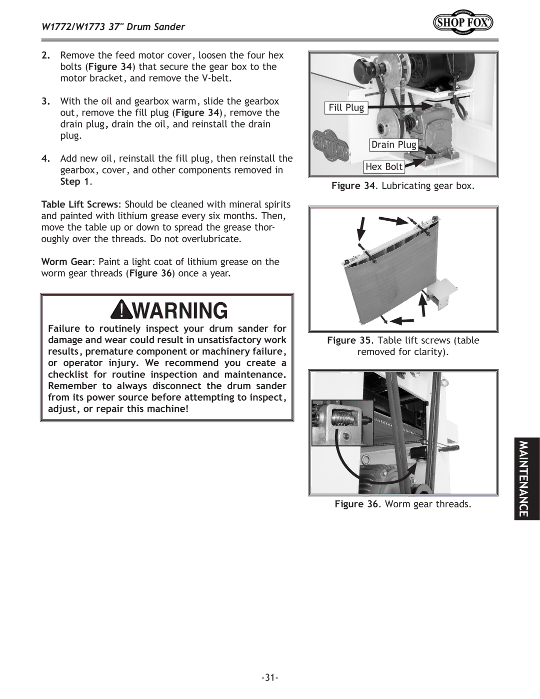 Woodstock W1773, W1772 owner manual Step, Lubricating gear box 