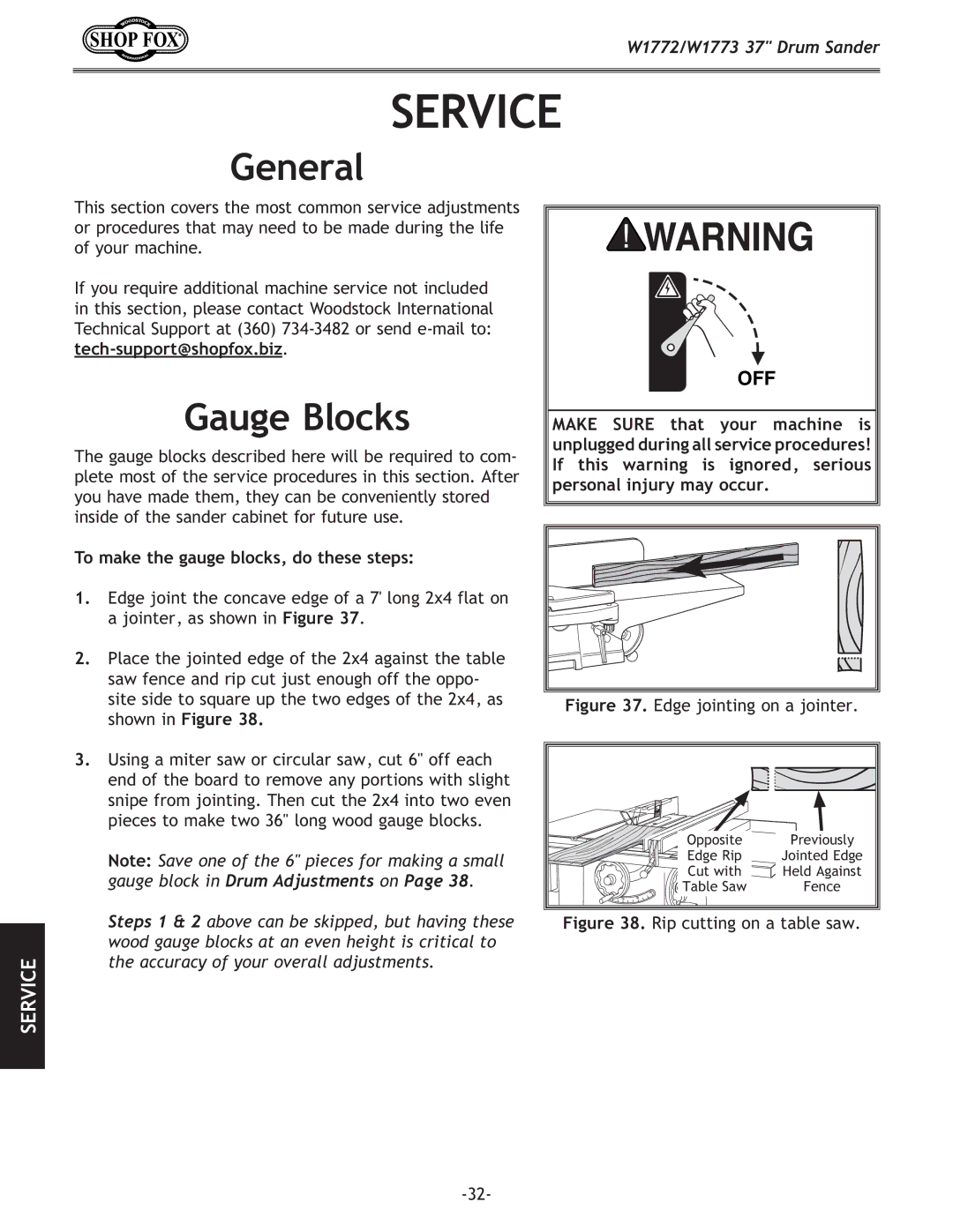 Woodstock W1772, W1773 owner manual Service, Gauge Blocks, To make the gauge blocks, do these steps 