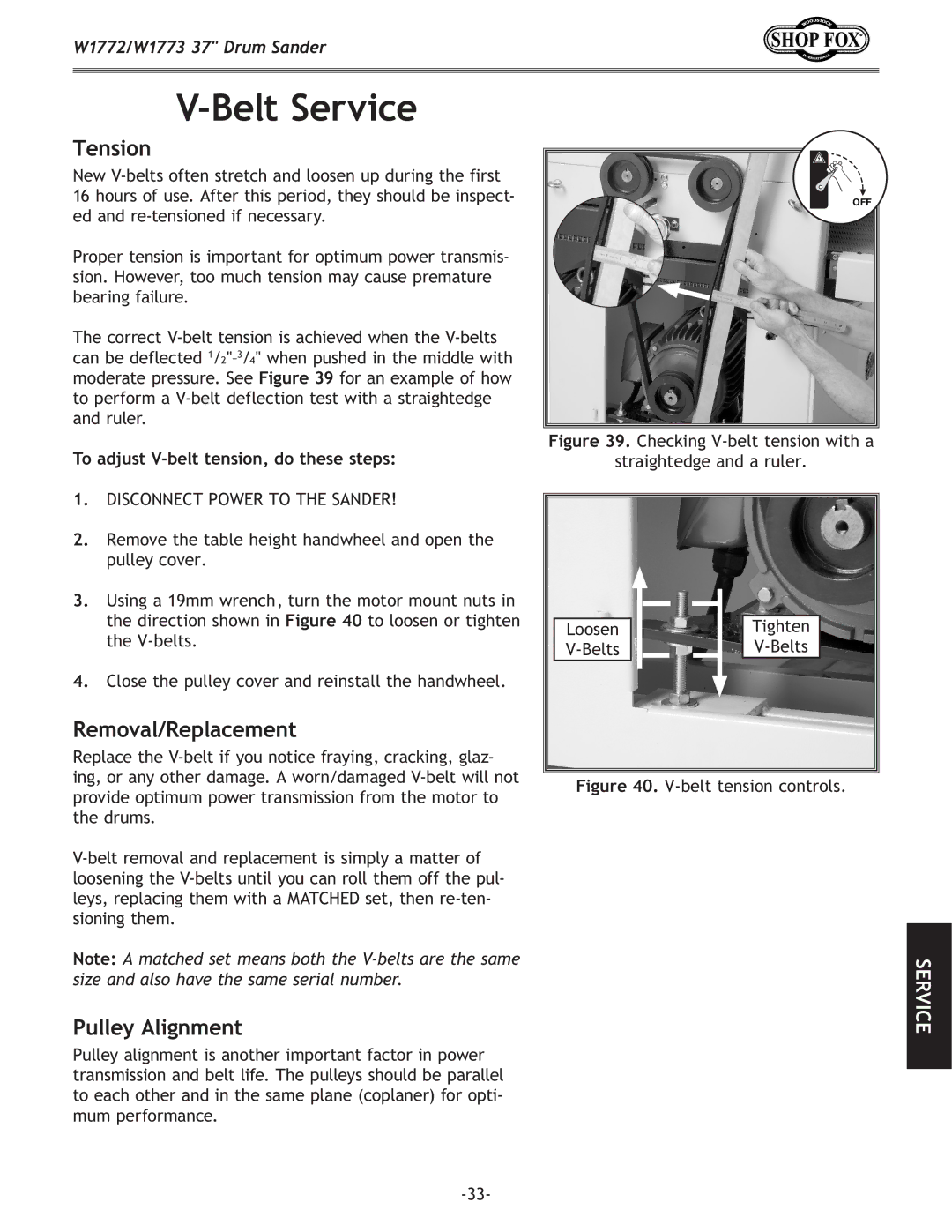 Woodstock W1773, W1772 owner manual Belt Service, To adjust V-belt tension, do these steps 