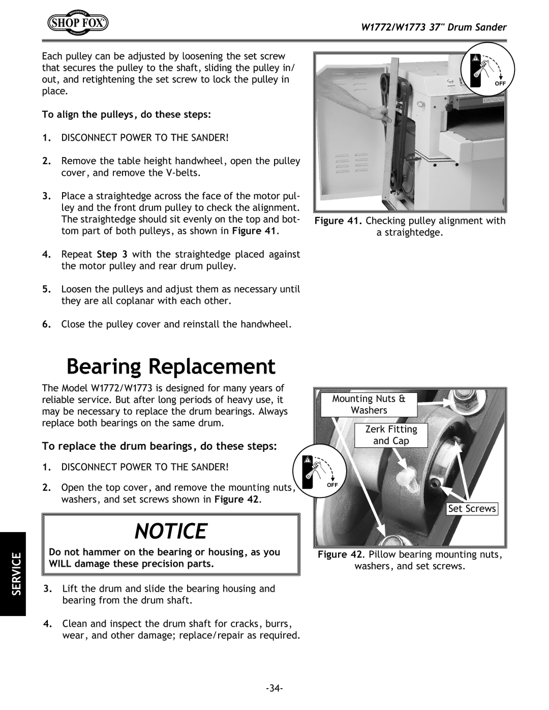 Woodstock W1772, W1773 owner manual Bearing Replacement, To align the pulleys, do these steps 