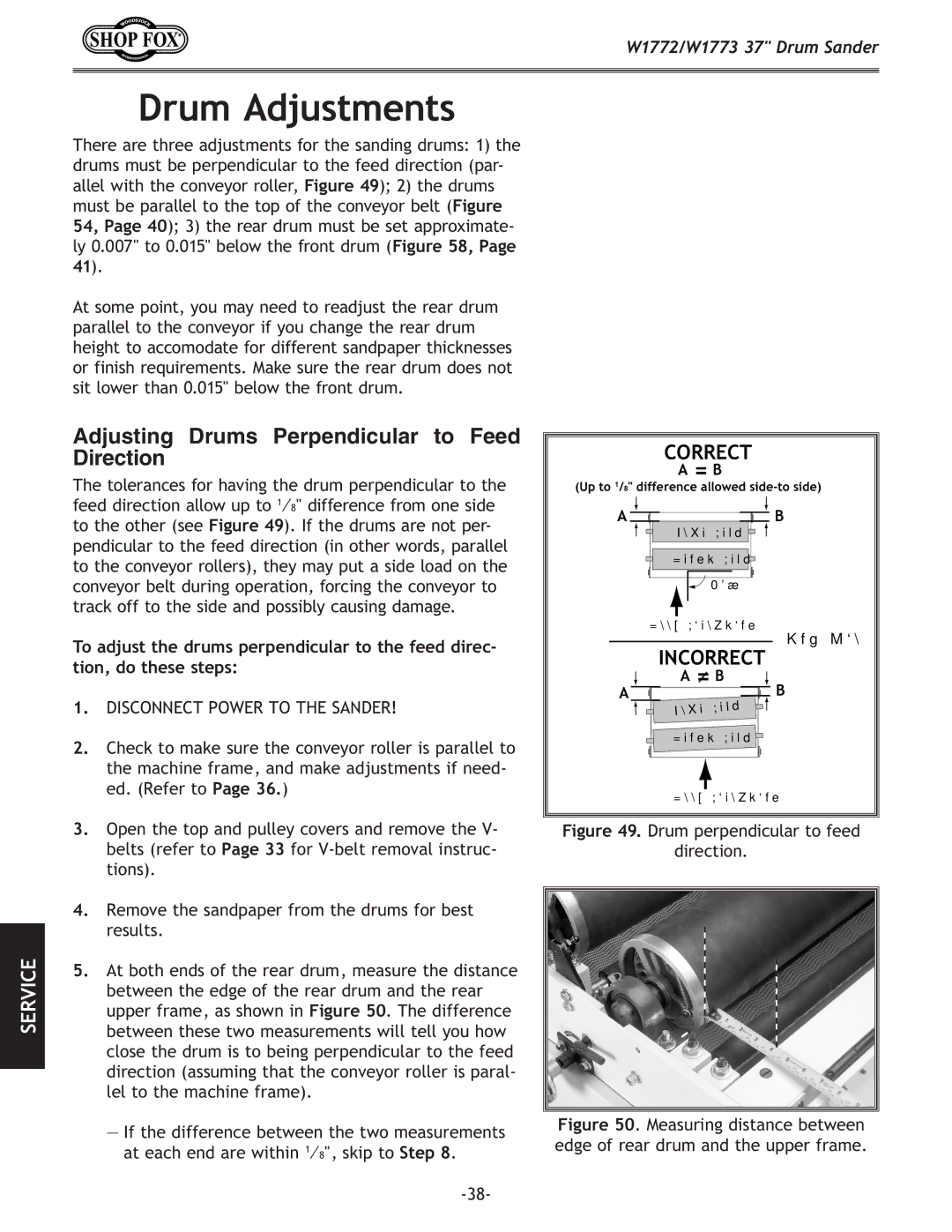 Woodstock W1772, W1773 owner manual Drum Adjustments, Adjusting Drums Perpendicular to Feed Direction 