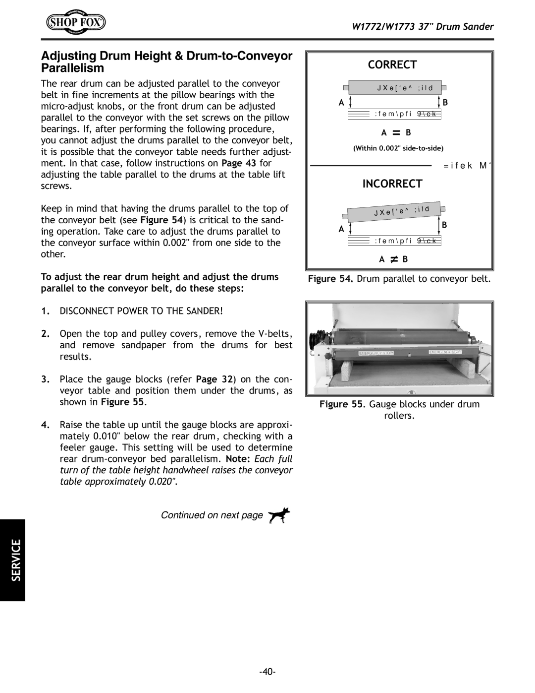 Woodstock W1772, W1773 owner manual Adjusting Drum Height & Drum-to-Conveyor Parallelism 