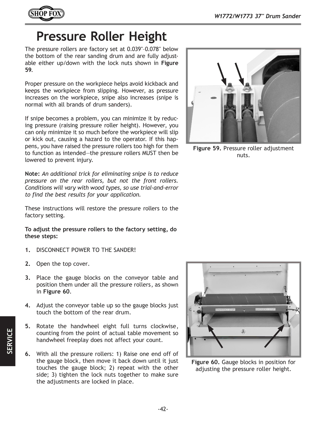 Woodstock W1772, W1773 owner manual Pressure Roller Height, Pressure roller adjustment Nuts 