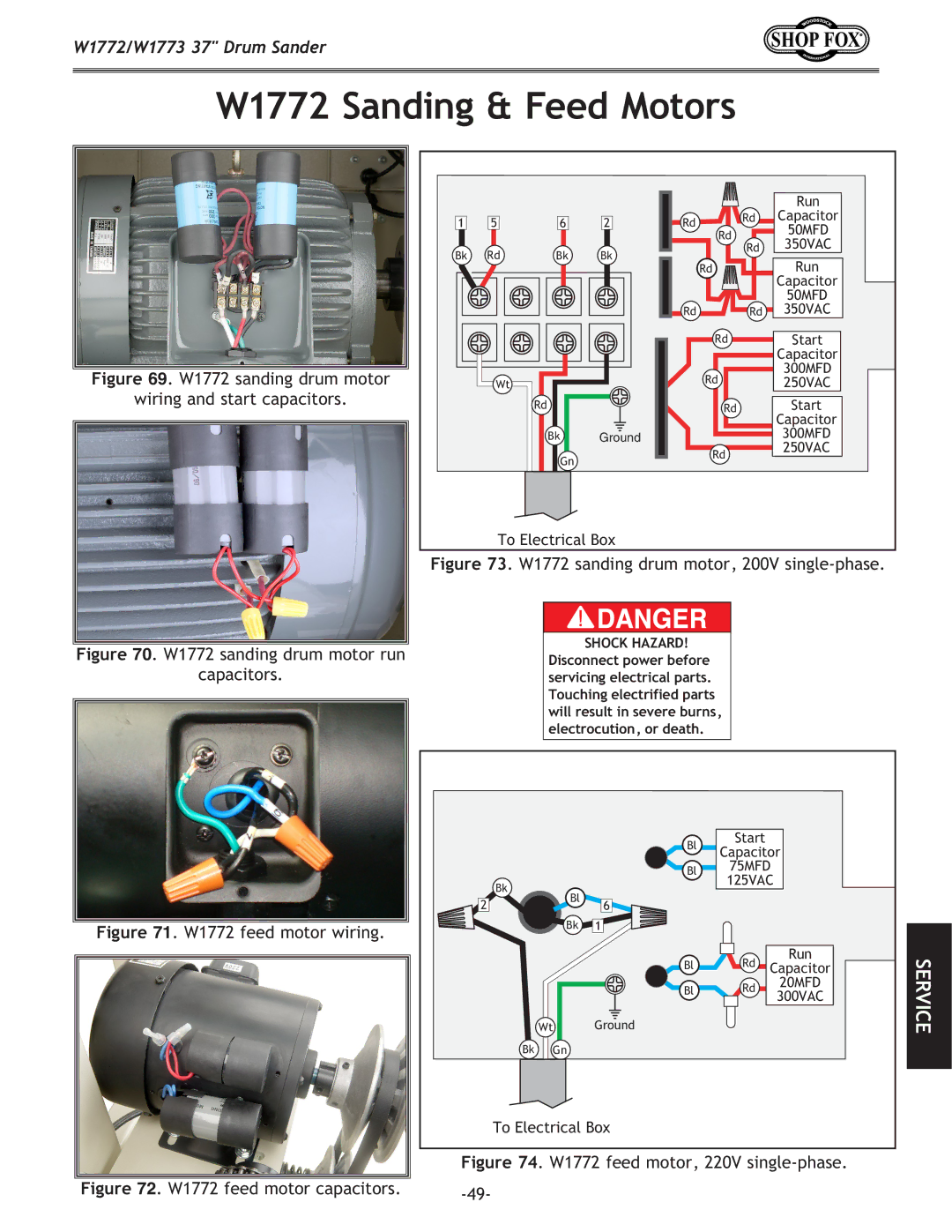 Woodstock W1773 owner manual W1772 Sanding & Feed Motors, W1772 sanding drum motor Wiring and start capacitors 