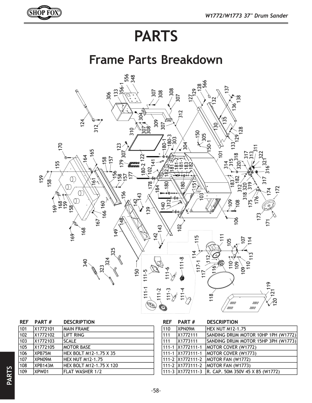 Woodstock W1772, W1773 owner manual Frame Parts Breakdown 