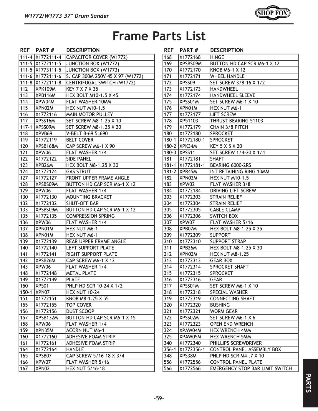 Woodstock W1773, W1772 owner manual Frame Parts List, PART# Description 