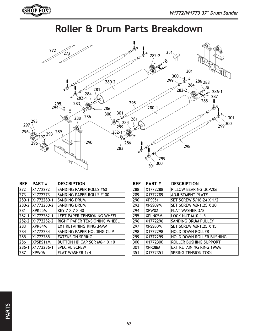 Woodstock W1772, W1773 owner manual Roller & Drum Parts Breakdown, XPK55M 