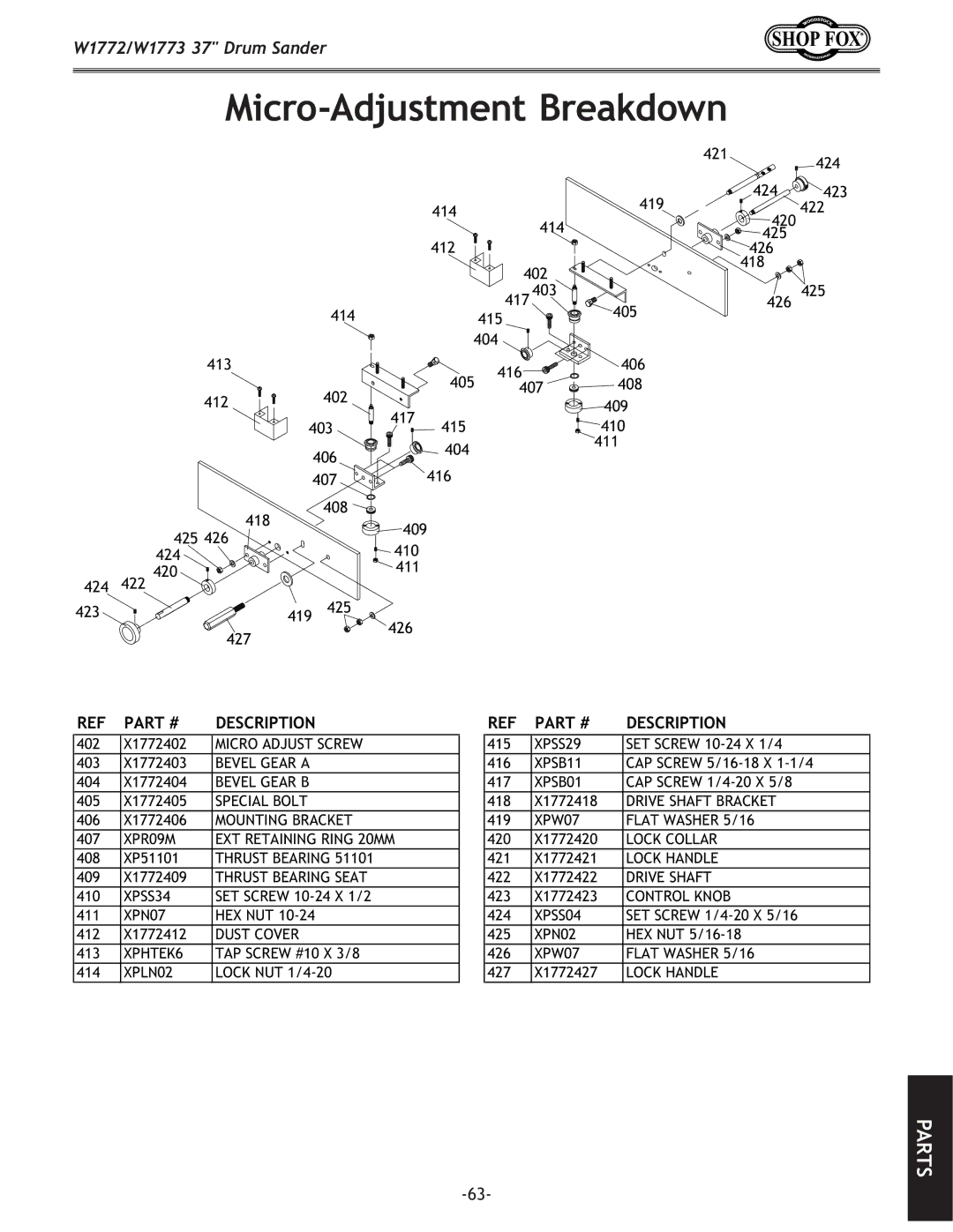 Woodstock W1773, W1772 owner manual Micro-Adjustment Breakdown 