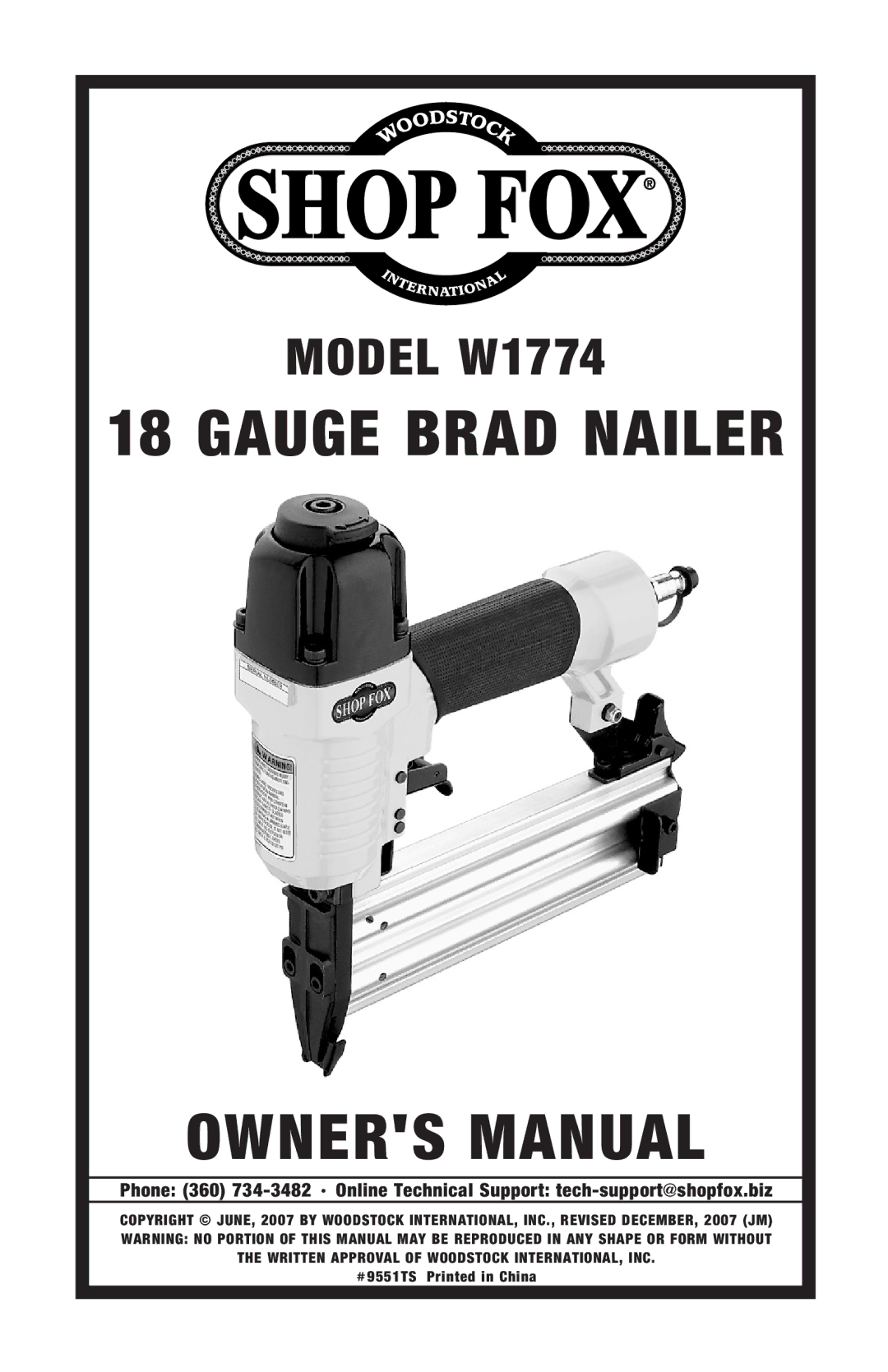 Woodstock W1774 owner manual Gauge Brad Nailer 