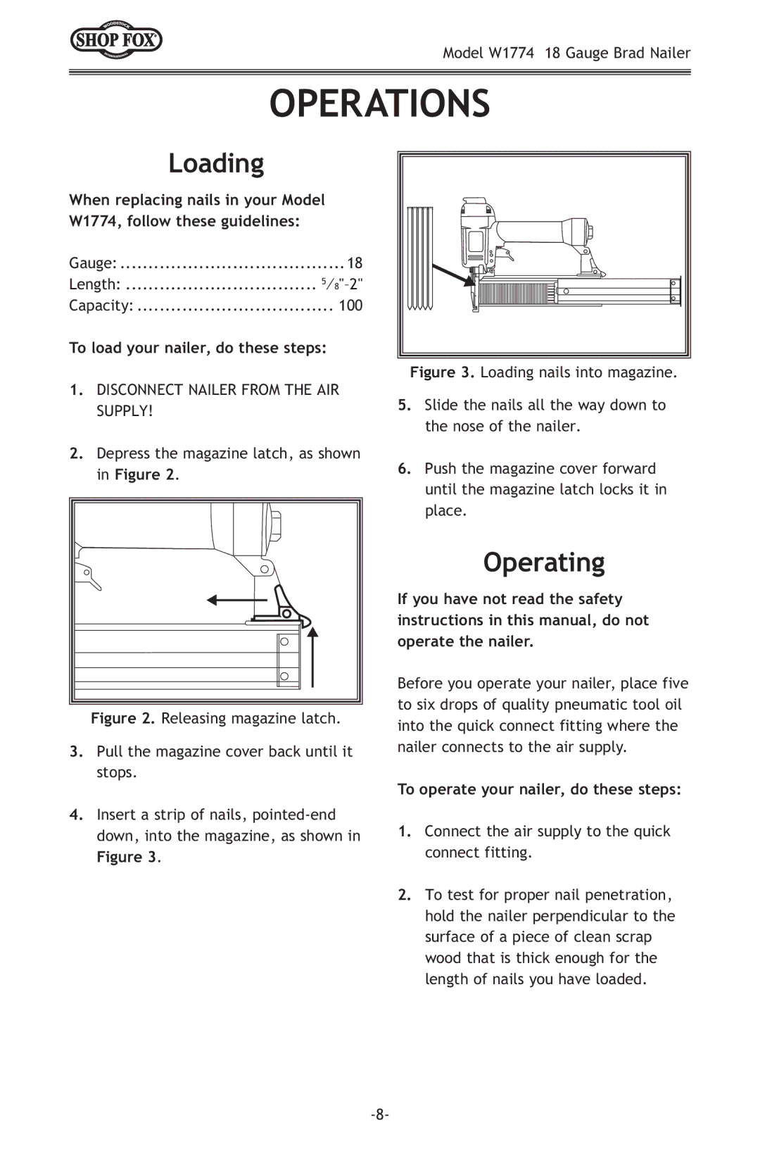 Woodstock W1774 owner manual Operations, Loading, Operating, To load your nailer, do these steps 