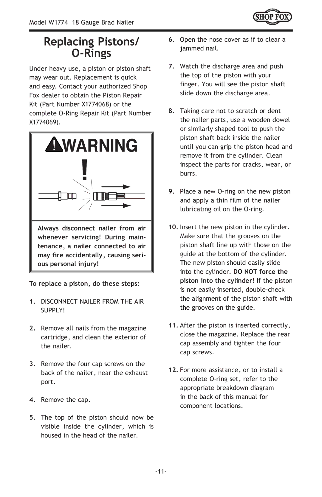 Woodstock W1774 owner manual Replacing Pistons Rings, To replace a piston, do these steps 