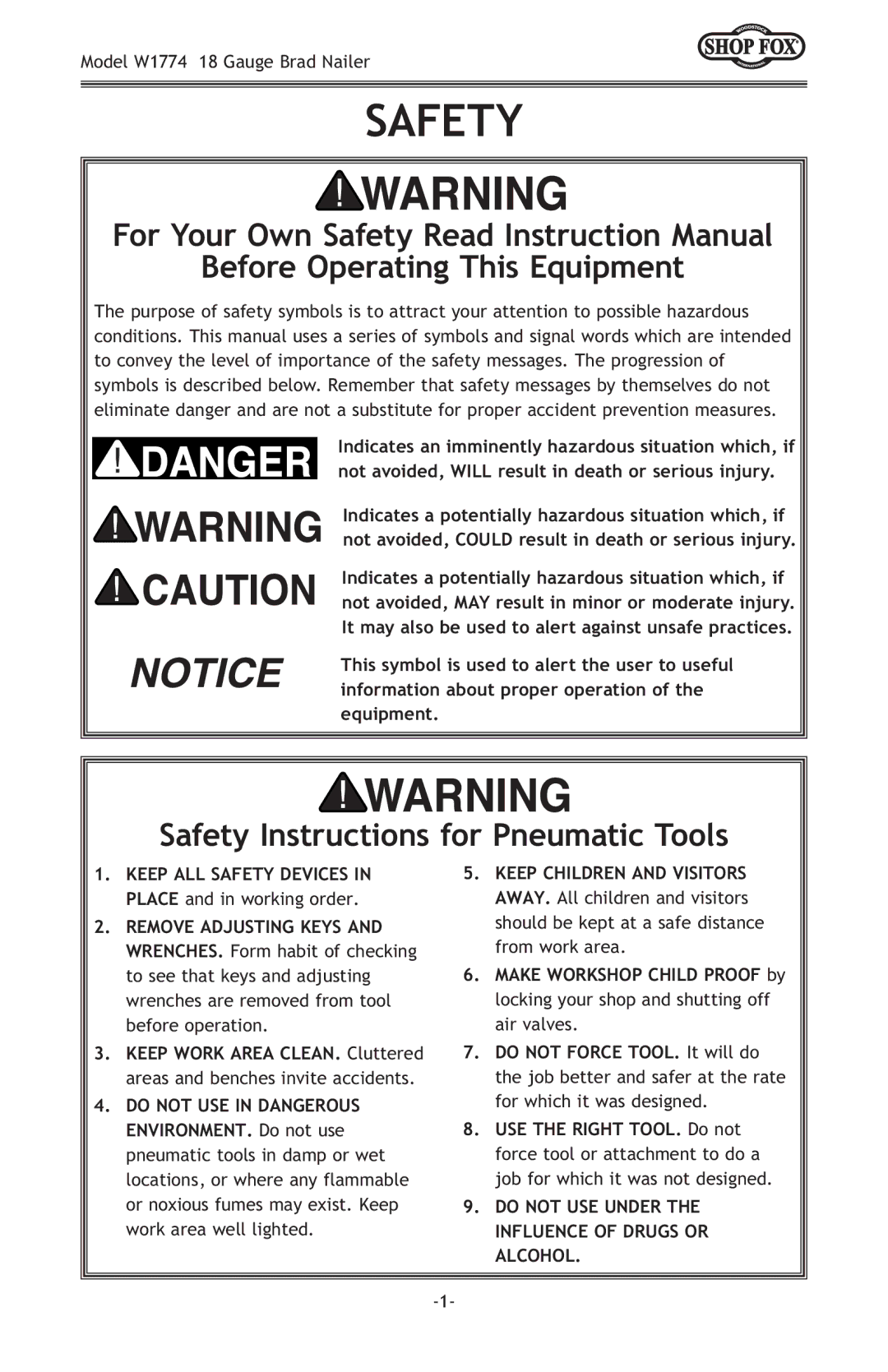 Woodstock W1774 owner manual Before Operating This Equipment, Safety Instructions for Pneumatic Tools 