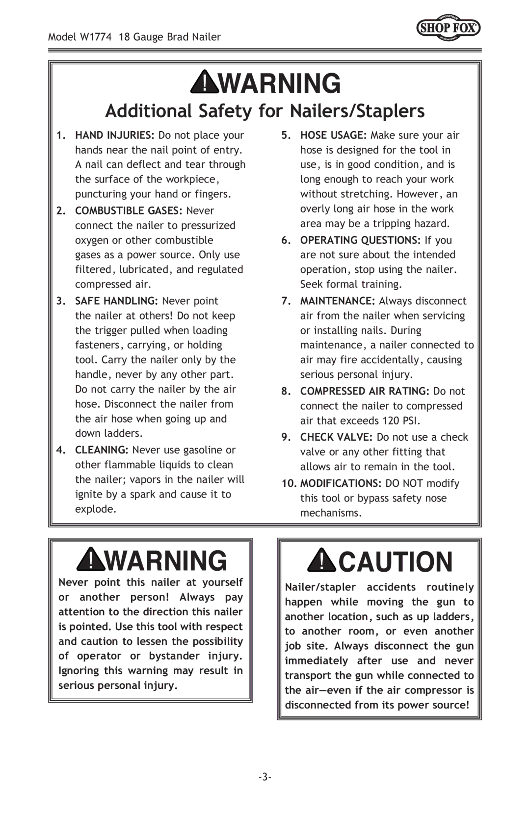 Woodstock W1774 owner manual Additional Safety for Nailers/Staplers 