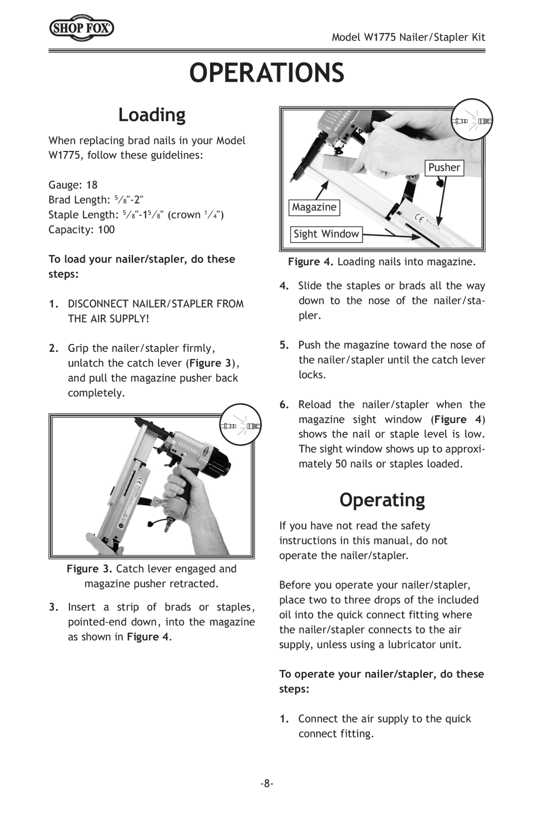 Woodstock W1775 owner manual Operations, Loading, Operating, To load your nailer/stapler, do these steps 