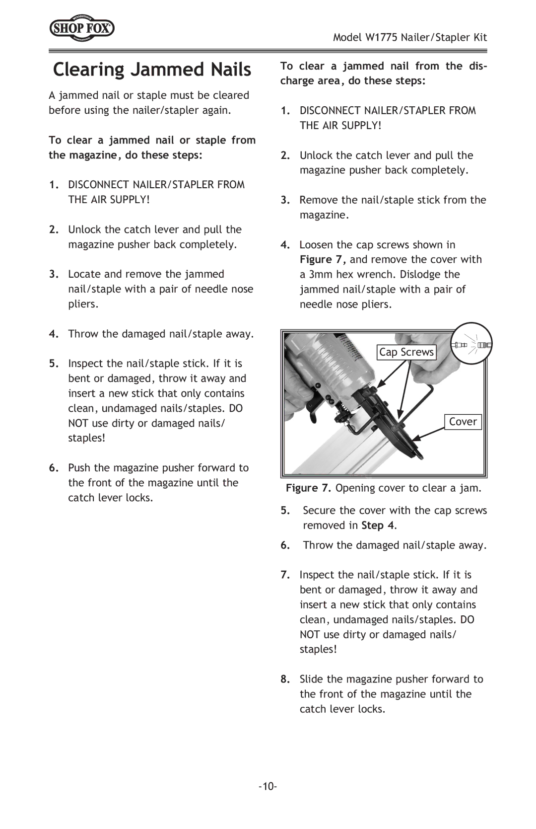 Woodstock W1775 owner manual Clearing Jammed Nails 