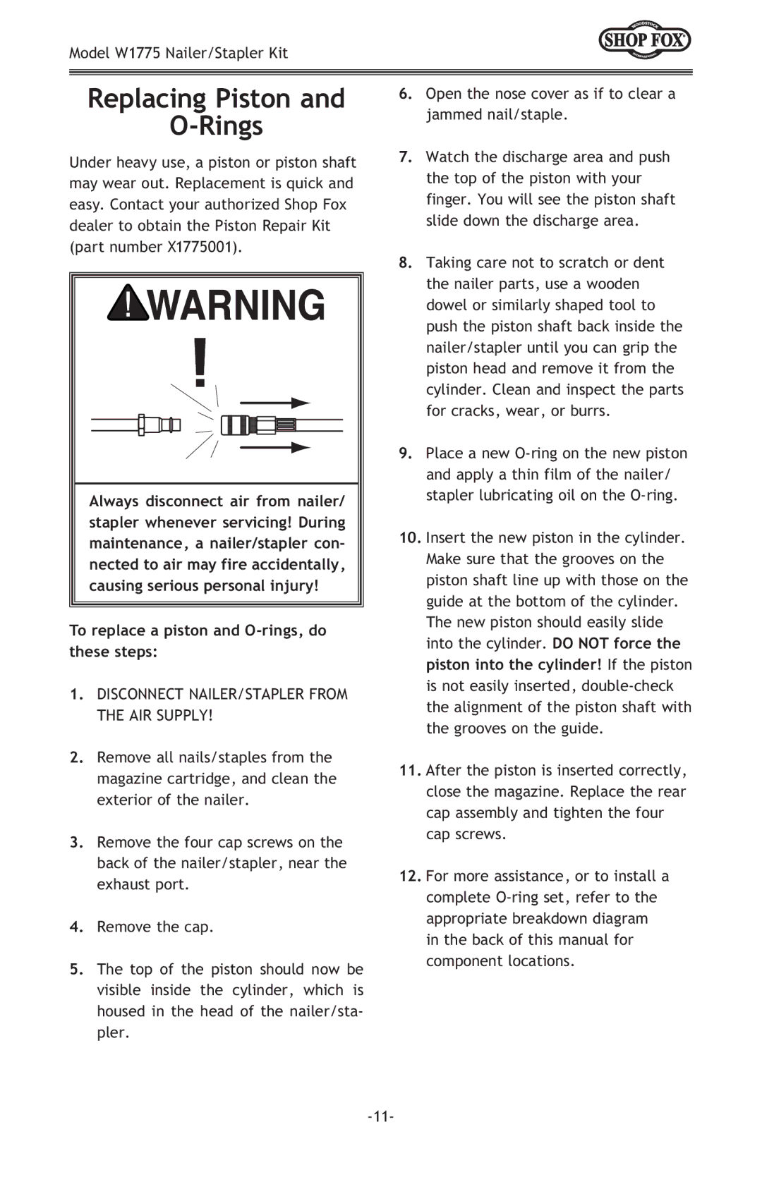 Woodstock W1775 owner manual Replacing Piston Rings, To replace a piston and O-rings, do these steps 